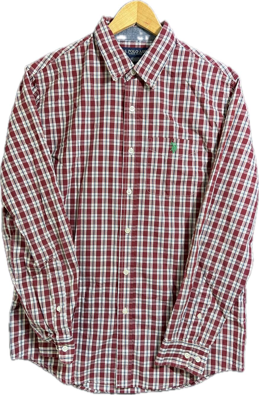 U.S. Polo Assn. Mens Long Sleeve Button-Down Shirt burgundy Plaid 100% Cotton